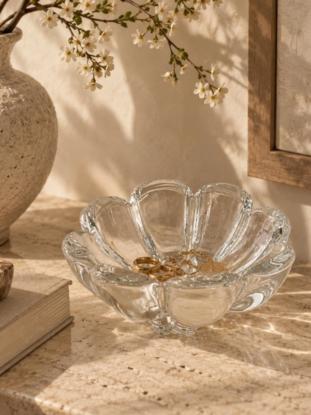 Vintage Heavy Glass Flower Bowl Sculptural Petal Trinket Dish Floral Catchall